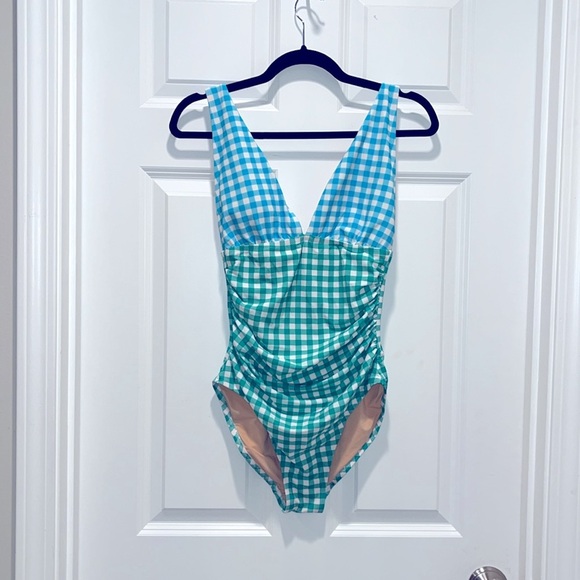 NWOT J. Crew Ruched Gingham One-Piece green blue - Picture 2 of 8
